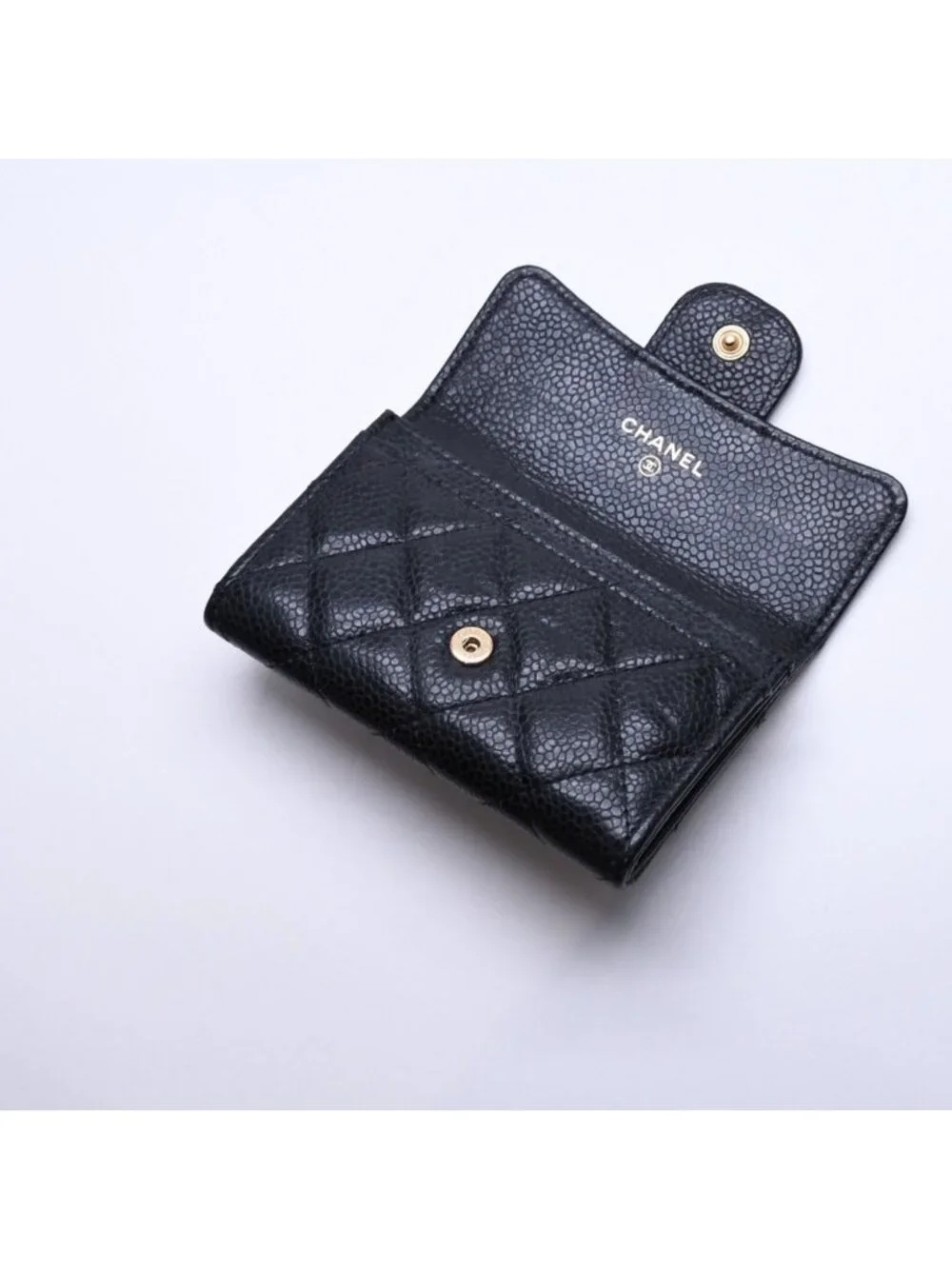 Chanel Quilted CC Logo Card Case Wallet Lambskin Black Gold